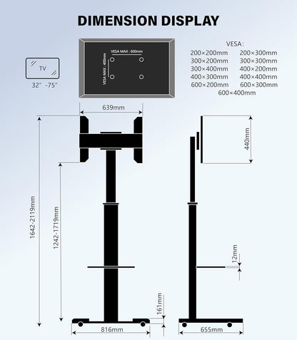 Mobiele tv-standaard met plank – Verrijdbaar tv-meubel, tv-standaard, tv-houder, tv-beugel – Zwart – Voor 32-75 inch – In hoogte verstelbaar tot 211 cm met stopcontacten en USB-poorten