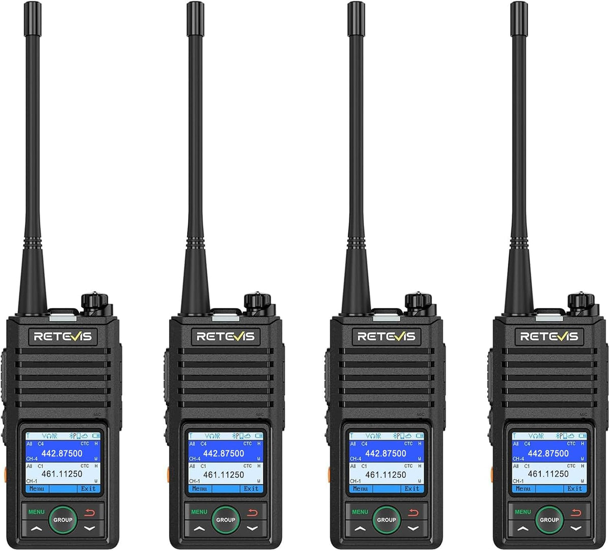 Retevis RB658 Bluetooth Walkie Talkie, Professionele Portofoon, APP-Instellingen, Groepsgesprek, 1800 mAh USB C, IP54, voor de Detailhandel (4-Pack, Zwart)
