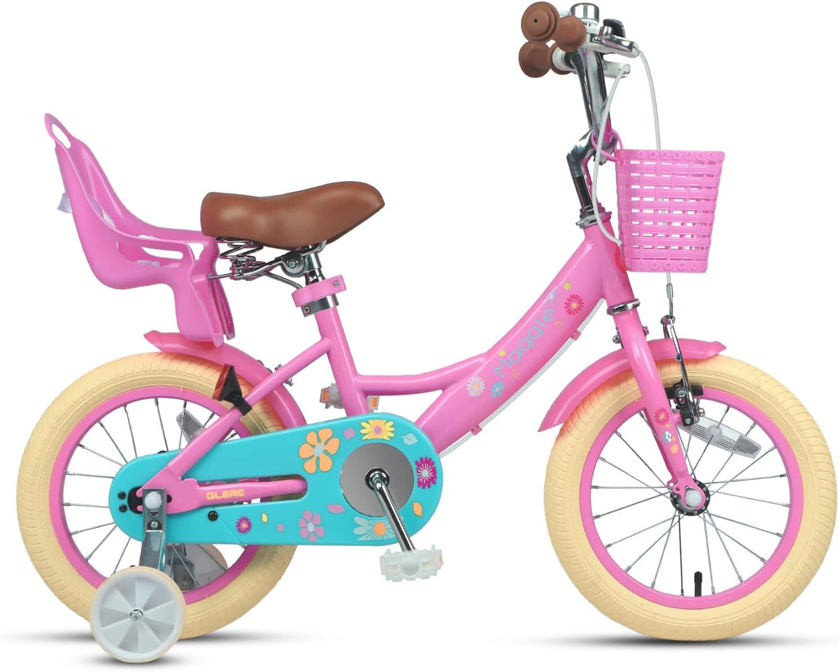 Glerc Maggie Meisjesfiets, 12-20“, kinderfiets voor 2-13 jaar oude kinderen, prinsessenstijl, kinderfiets met poppenzitje & mand en trainingswielen, meerdere kleuren