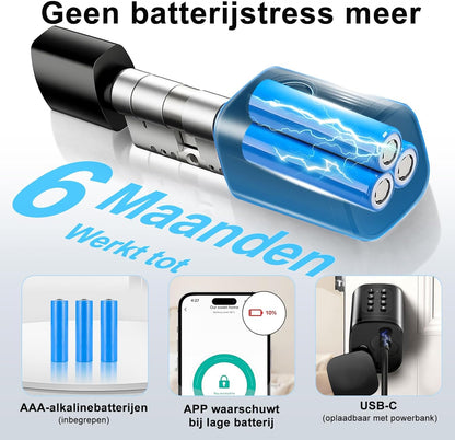 Deurslot – Vingerafdrukslot – Elektronisch Slot – Smart Lock – RFID Deurslot – Verstelbare Lengte 60-90 mm – Bluetooth & App Ontgrendeling