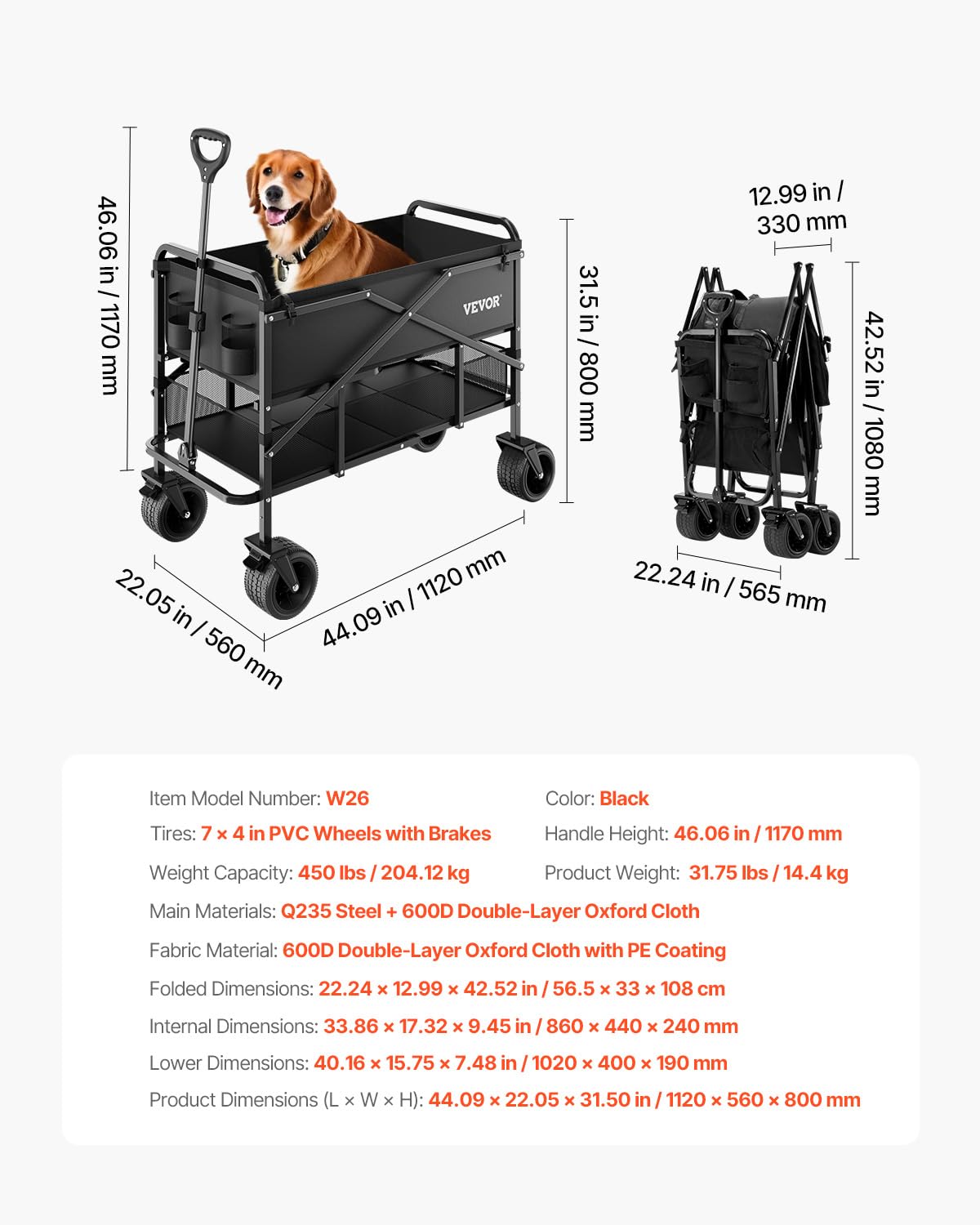 VEVOR Dubbeldekker vouwwagen, inklapbaar, 300 liter, zware vouwwagen, verlengde lange tuinwagen met all-terrain wielen, ondersteuning tot 450 lbs, outdoor utility wagen voor kamperen, sport, winkelen