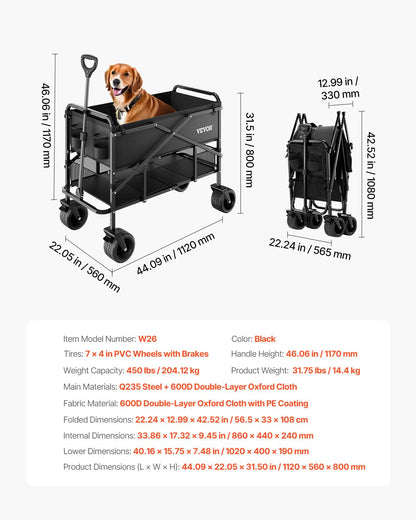 VEVOR Dubbeldekker vouwwagen, inklapbaar, 300 liter, zware vouwwagen, verlengde lange tuinwagen met all-terrain wielen, ondersteuning tot 450 lbs, outdoor utility wagen voor kamperen, sport, winkelen