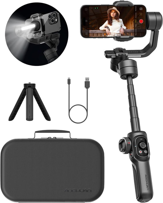 AOCHUAN Gimbal Stabilizer voor smartphone, 3-assige industriestandaard gimbals w/360 ° rotatie, telefoonstabilisator ingebouwde verlengstang, professionele gimbal w/vullicht voor iPhone/Android-Smart