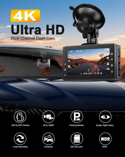 4K Dashcam Voor en Achter – Dashcam Auto – Auto Camera – Autocamera – Dubbele Dashcam – WiFi & App-Besturing – 64GB SD-Kaart Inbegrepen