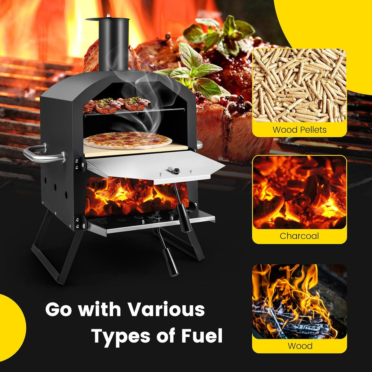 FANTASK Pizza Oven 2-Tier with Grill Grate, Outdoor Pizza Oven, Pizza Stone & Folding Legs, Pizza Shovel, Waterproof Cover - QUORE