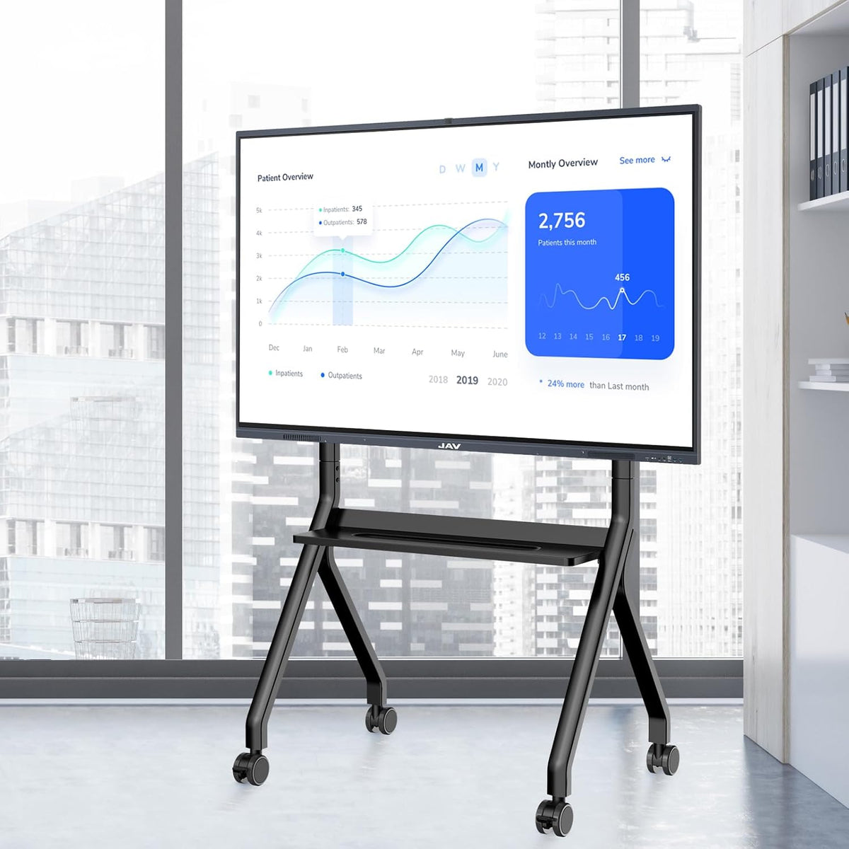 JAV Smart Board Stand voor 47-65 inch Interactief Whiteboard met 360 ° Slotwiel Tot 80 kg voor Moderne Kantoor of Klaslokaal