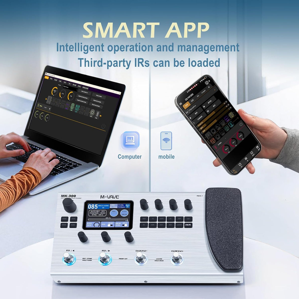 M-Vave MK-300 Multieffectprocessor voor gitaar en bas, 11 modules, meer dan 320 effecten, 120 versterkers, IR-loader, loopper, drumcomputer, BT- en USB-geluidskaart