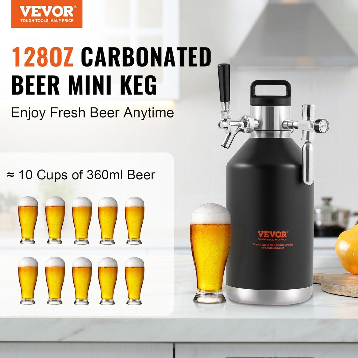 VEVOR Beer Growler Tap System, 120 oz 4L Mini Fat, 304 Roestvrij Staal Onder Druk Bier Growler, Keg Growler met Drukweergave, CO2 Regulator Kraan, Lekvrije Ring Voor Tocht, Homebrew, Craft Bier
