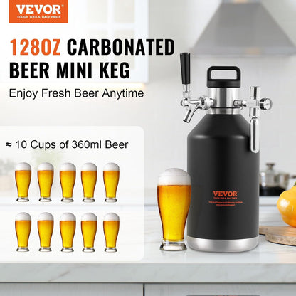 VEVOR Beer Growler Tap System, 120 oz 4L Mini Fat, 304 Roestvrij Staal Onder Druk Bier Growler, Keg Growler met Drukweergave, CO2 Regulator Kraan, Lekvrije Ring Voor Tocht, Homebrew, Craft Bier