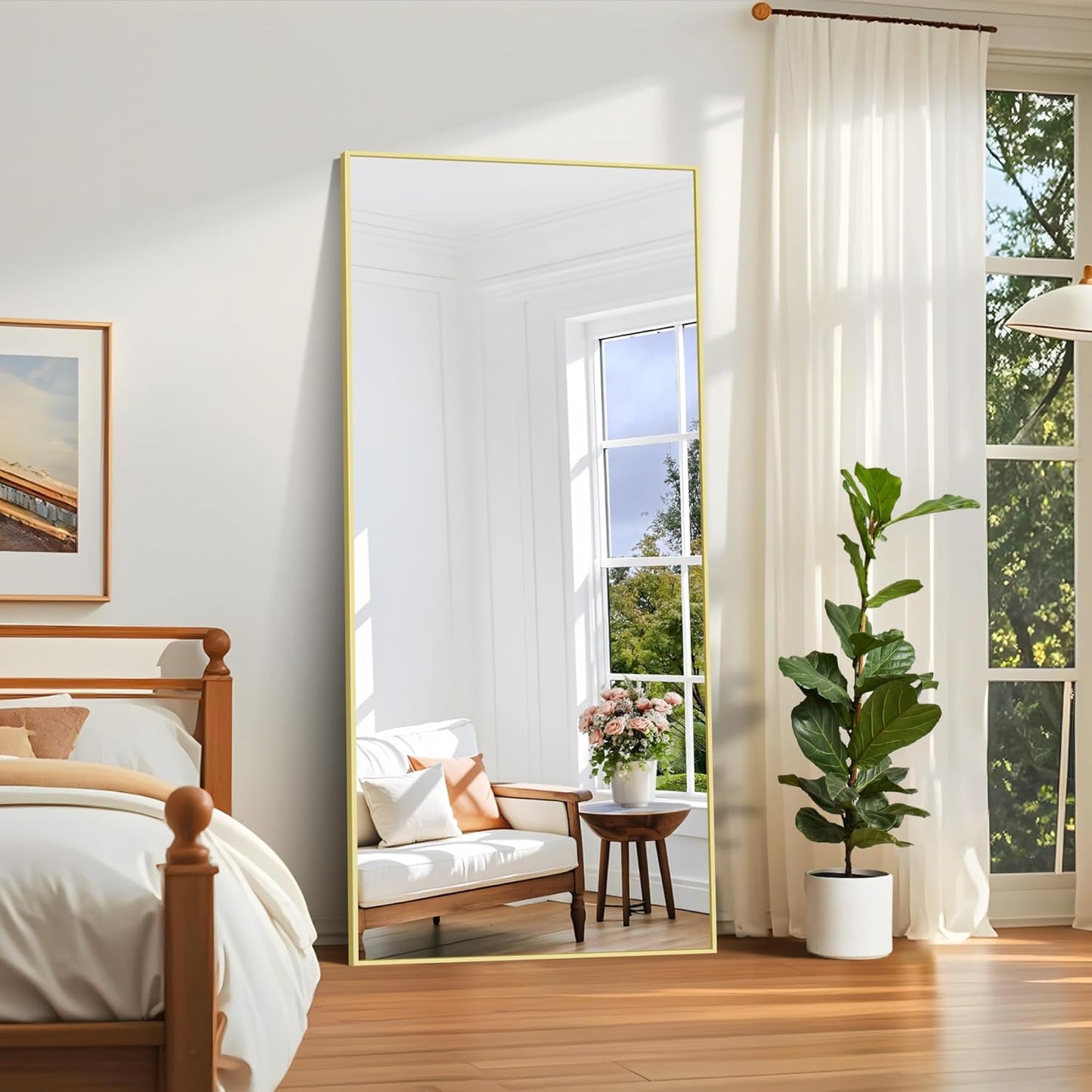 Full-body Spiegel – Vloerspiegel – Wandspiegel – Staande Spiegel – Lichaamsspiegel – 192x85 cm – Gouden Aluminium Frame – Verstelbare Basis
