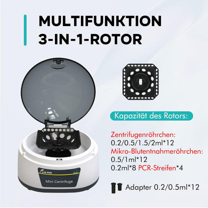 Mini-Centrifuge – Microcentrifuge – Laboratoriumcentrifuge – Tafelcentrifuge – Labcentrifuge – 7000 RPM, 3286 X G – 3-In-1 Rotor Voor 12 Buisjes En 32×0,2 Ml PCR-Strips