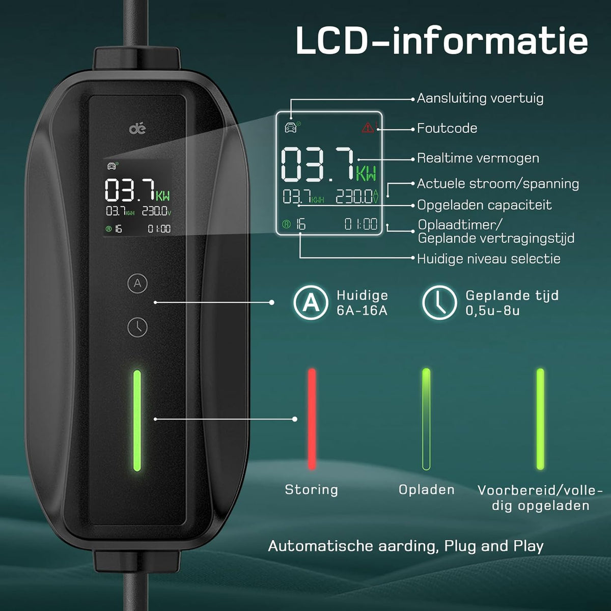 dé Type 2 laadkabel Schuko 3,68kW [1-fase, 8m, 6-16A], EV-laders met regelbaar digitaal display voor elektrische auto's, EV-lader voor 3008/508, C5X, Q3, X3, ZOE, ID.3, ID.4 en andere PHEV/EV