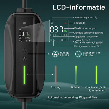 dé Type 2 laadkabel Schuko 3,68kW [1-fase, 8m, 6-16A], EV-laders met regelbaar digitaal display voor elektrische auto's, EV-lader voor 3008/508, C5X, Q3, X3, ZOE, ID.3, ID.4 en andere PHEV/EV