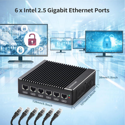 Firewall Mini PC – Micro Firewall Appliance – Netwerkbeveiliging Router – Fanless Mini PC – Embedded Security Device – Intel N3700 4 Cores – 6x Intel 2.5GbE Poorten, Stille Koeling