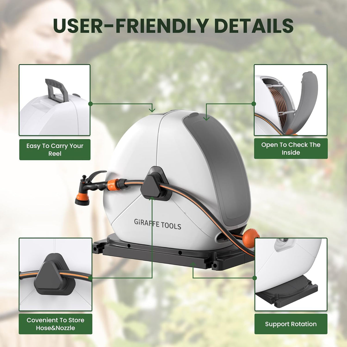 Giraffe Tools Intrekbare slanghaspel met 30 m, zware grondmontage tuinslanghaspel, met 9 functies sproeier en flexibele draaibare basis