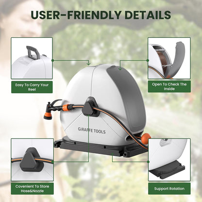 Giraffe Tools Intrekbare slanghaspel met 30 m, zware grondmontage tuinslanghaspel, met 9 functies sproeier en flexibele draaibare basis