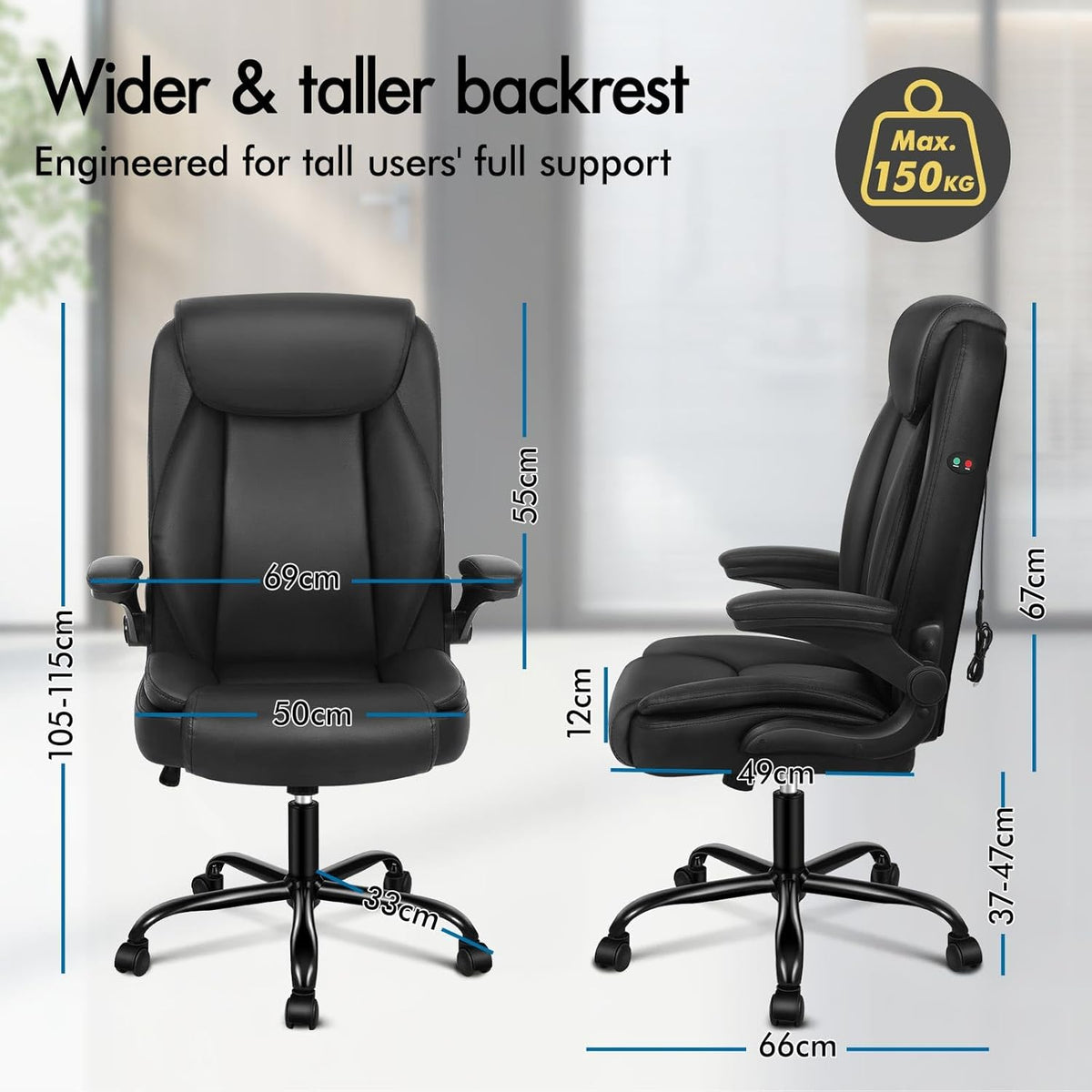 ALFORDSON Massage Bureaustoel, Ergonomische Computerstoel met Armleuning, Kunstleren Bureaustoel, Draagvermogen 150 kg, Rugleuning 90-135°, In Hoogte Verstelbaar, Zwart