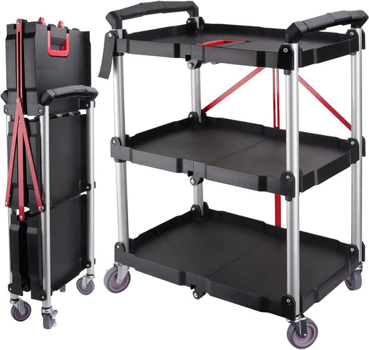 3-laags rollende kar – opvouwbare trolley – servicewagen – utility kar – verrijdbare kar – duurzaam aluminium frame – 4 zwenkwielen met rem