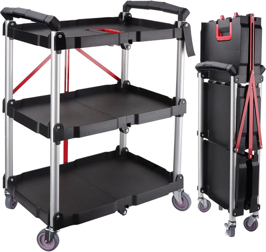 Opvouwbare servicekar met 3 niveaus – Opbergwagen – Serveerwagen – Trolley – Rollende kar – Compact opvouwbaar tot 19 cm – Draagvermogen 74,8 kg