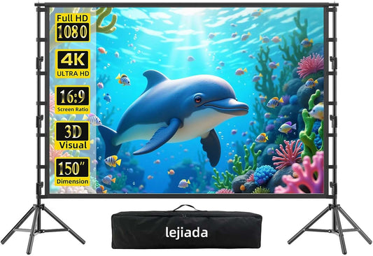 Projectorscherm met standaard, 150 inch filmprojectiescherm voor binnen en buiten, 4K HD 16: 9 kreukvrij ontwerp voor filmavond in de achtertuin (gemakkelijk schoon te maken, 1,1 versterking, 160 °