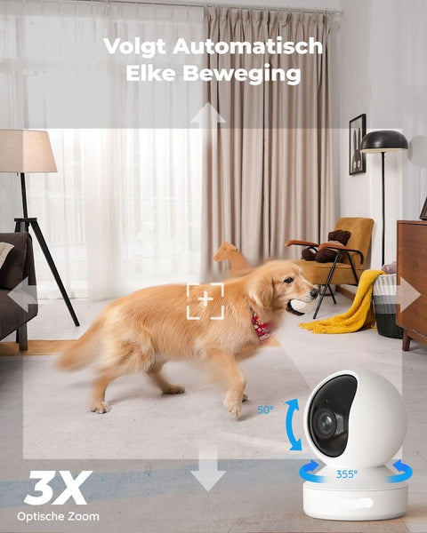 Beveiligingscamera - Wifi-beveiligingscamera - Baby Camerabewaking - Draadloos - voor Binnen - 2.4 & 5GHz - CCTV-camera - met AI-detectie van Mens - Huisdier - Automatisch Volgen - 3x Optische Zoom - Oudere Huisdieren - Tweerichtingsgeluid - Wit