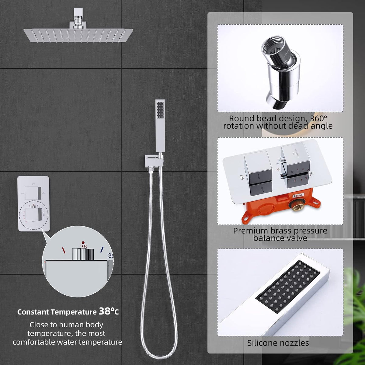 Douchekraan – Douchesysteem – Thermostaatkraan – Douchemengkraan – Regendouche – Inbouw – 30 cm Regendouchekop – Messing & Chroom