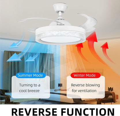 Horevo Plafondventilator met LED-verlichting Intrekbare plafondventilator met afstandsbediening, 42-inch onzichtbare bladen verborgen ventilator, ingebouwde dimbare plafondlamp en Bluetooth-luidspreker voor slaapkamer Woonkamer Eetkamer