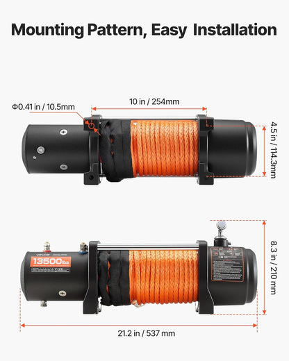 VEVOR 12 V cable winch, 6150 kg, motor winch, 12 V DC, electric winch diameter 1 x 2440 cm, synthetic cable, aluminium cable guide, wireless/wired remote control, IP55, for