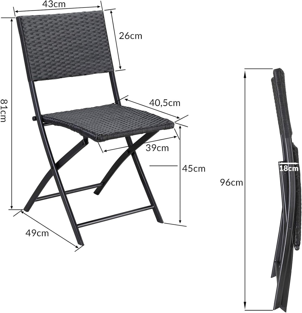 Casaria Polyrattan Set of 4 Folding Chairs Balcony Camping Foldable Weatherproof Balcony Chair Garden Chair Black - QUORE