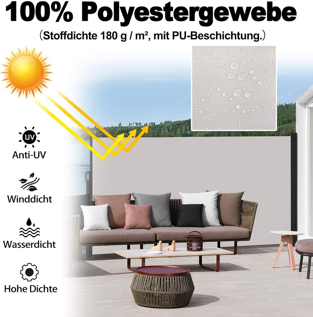 Zijscherm – Zijluifel – Zijmarkies – Zonwering – Windscherm – Uittrekbaar 180x600 cm – Waterbestendig Polyester – Privacy- en Zonbescherming