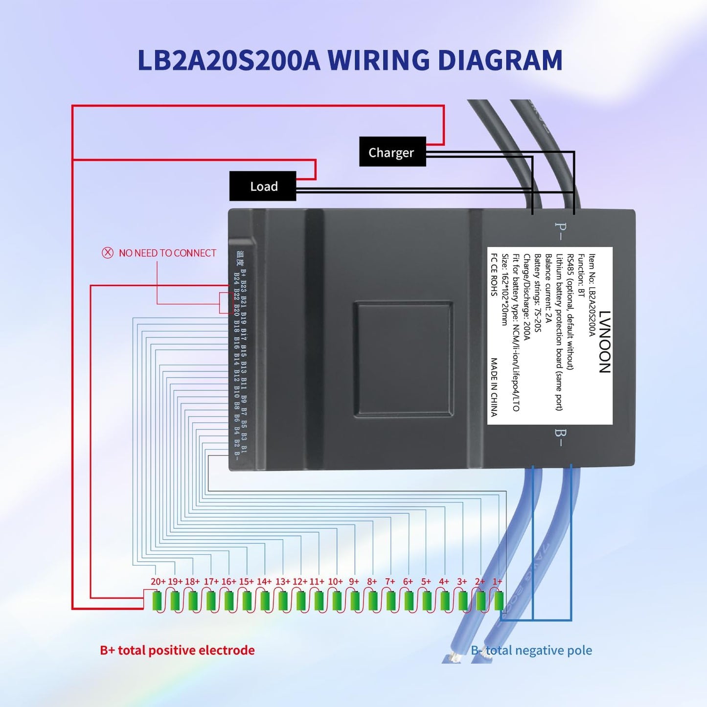 LB2A Smart Active Balancer BMS voor Li-ion NCM LFP LiFePo4 LTO Battery Management System 3S tot 24S 150A 200A 300A met APP Control 12V 24V 48V 60V 72V 84V (200A, 7-20S)