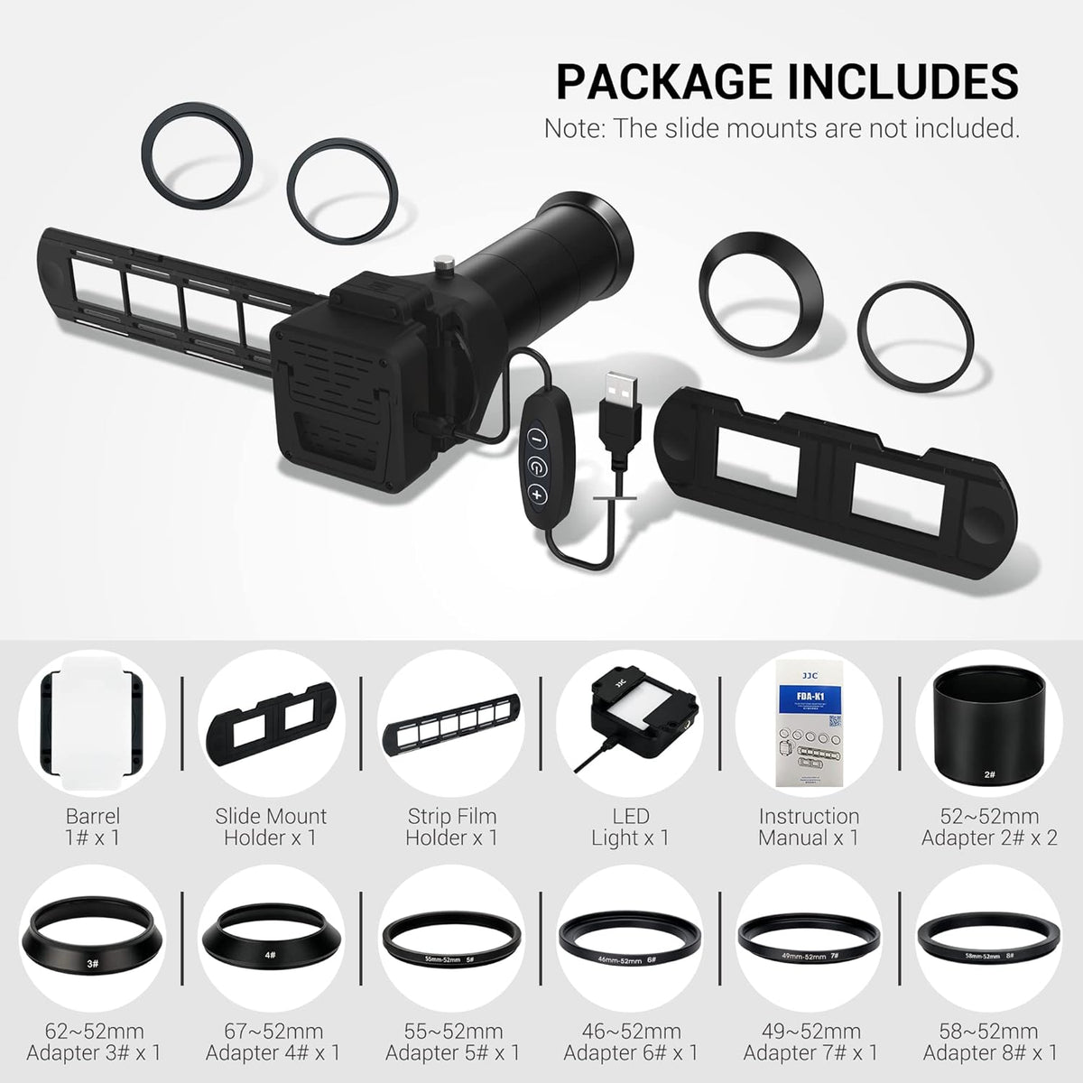 JJC ES-2 filmdigitaliseringsadapter met 6500K USB LED-verlichtingsset, scanner voor het kopiëren van negatieve films converteert 35 mm-negatieven naar digitale JPEG