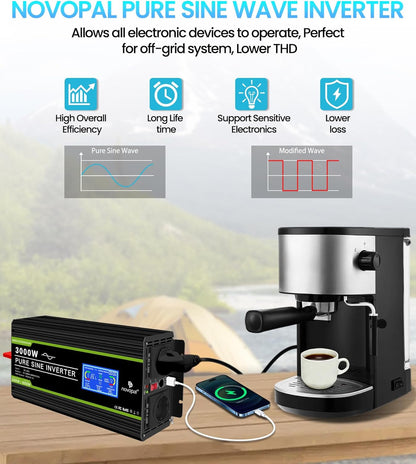 NOVOPAL 3000W omvormer 24V naar 230V - 2AC stopcontacten spanningsomvormer puur sinus beeldscherm LCD met een USB-poort - 5 meter afstandsbediening en twee koelventilatoren voor RV Truck Boat