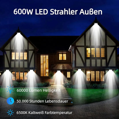 Led-schijnwerper voor buiten, 600 W, superhelder, 60.000 lumen, 6500 K, koudwit, IP66 waterdicht, 50 cm kabel zonder stekker, buitenlamp voor tuin, achtertuin, hal