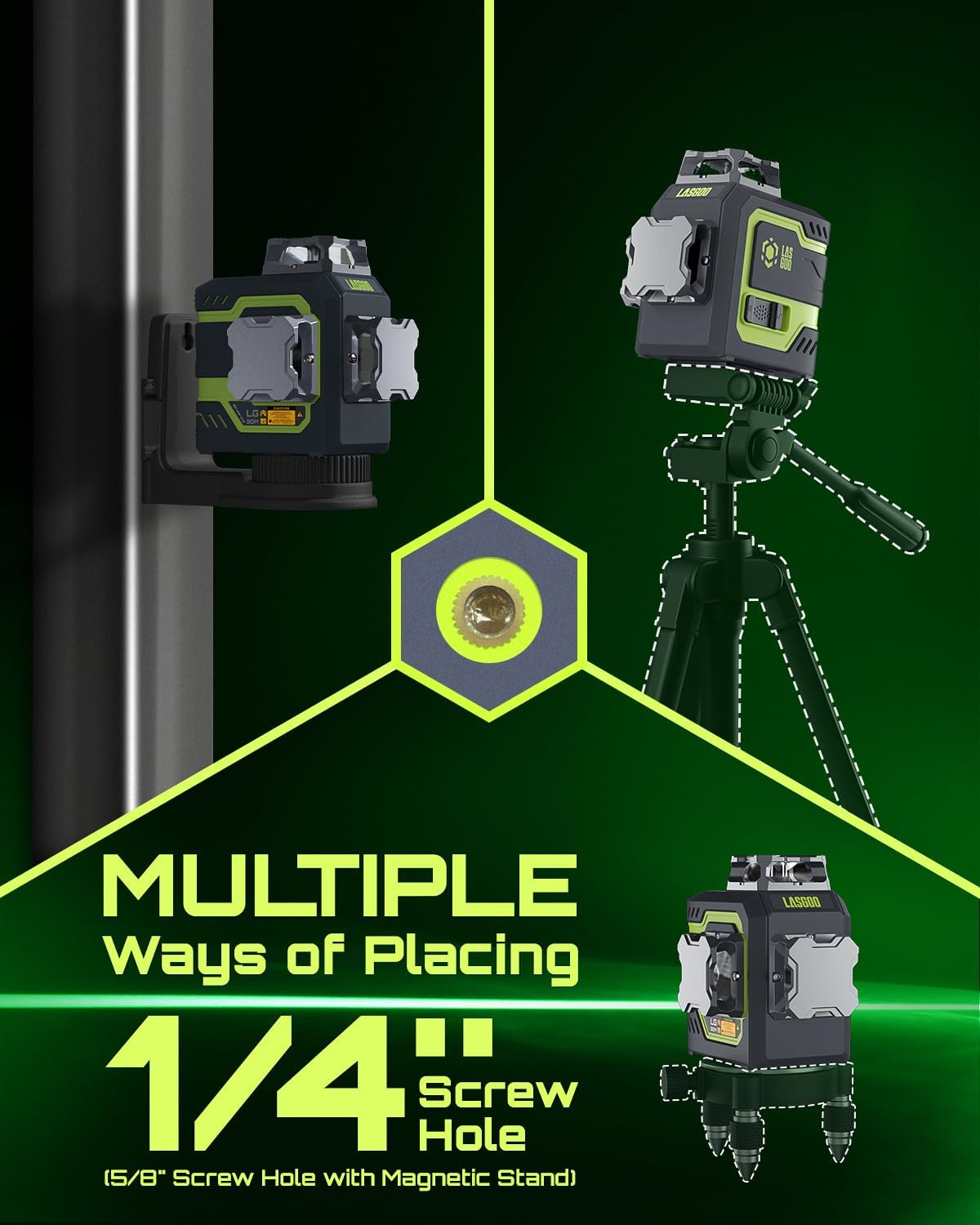 LasGoo LG-3DM Groene Beam Laserwaterpas, zelfnivellerende 3x360° kruislijnlaser voor bouw en foto's ophangen, 5200mAh oplaadbare batterij, Type-C kabel, Magnetische roterende standaard inbegrepen