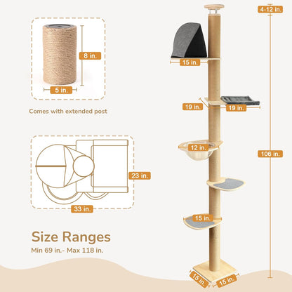 FUKUMARU Cat Tree Cat Tree, 6 Floors, Ceiling Cat Tower (280-300 cm), Wall Mounted Cat Tree, Natural Rubber Wood, with Transparent Space Capsule and Cozy Hammock - QUORE