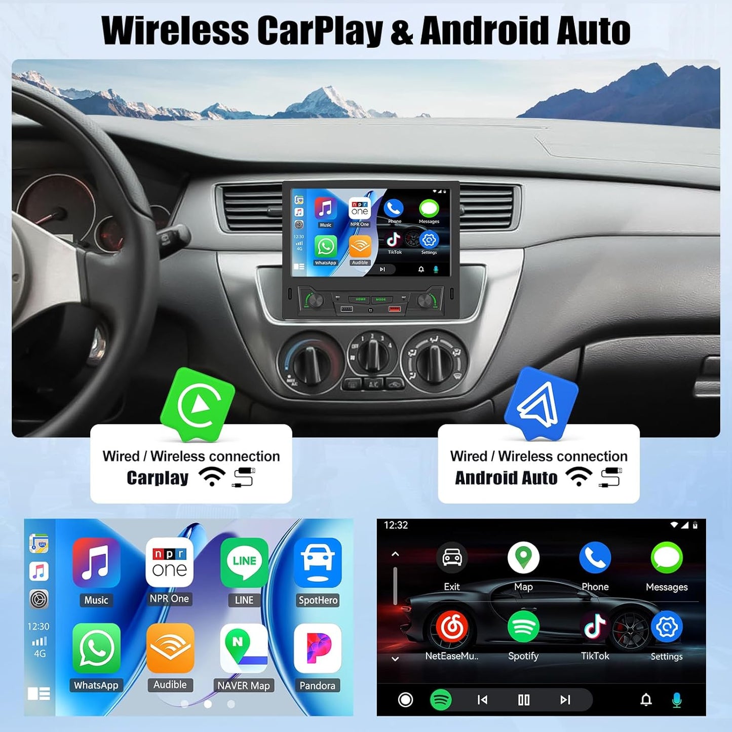 OiLiehu 1-DIN Autoradio met Draadloze CarPlay & Android Auto, 8" Radio met Scherm, MP5 Multimedia Speler