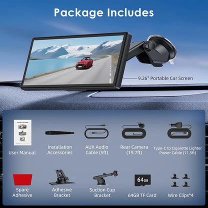 9,26 Inch Wireless Carplay Screen voor Car Play en Android Auto, Draadloze Autoradio met 4K Dashcam/1080P HD Achteruitrijcamera/Bluetooth/FM/AUX/64G TF/Mirror Link/Spraakbesturing/GPS-Navigatie
