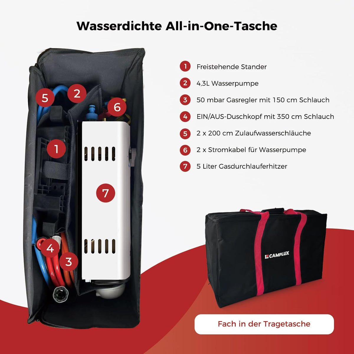 CAMPLUX AY132Max-DE Gasdoorstroomboiler, 5 liter, met steun en waterpomp, LPG, 50 mbar, voor campingdouche/camperuitstapjes, met draagtas
