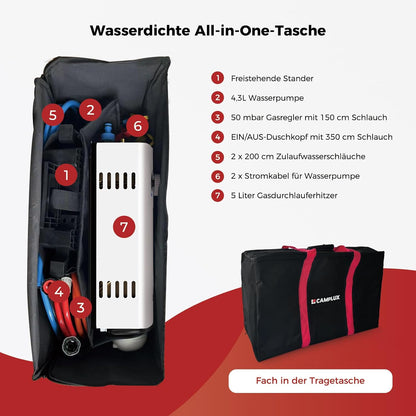 CAMPLUX AY132Max-DE Gasdoorstroomboiler, 5 liter, met steun en waterpomp, LPG, 50 mbar, voor campingdouche/camperuitstapjes, met draagtas