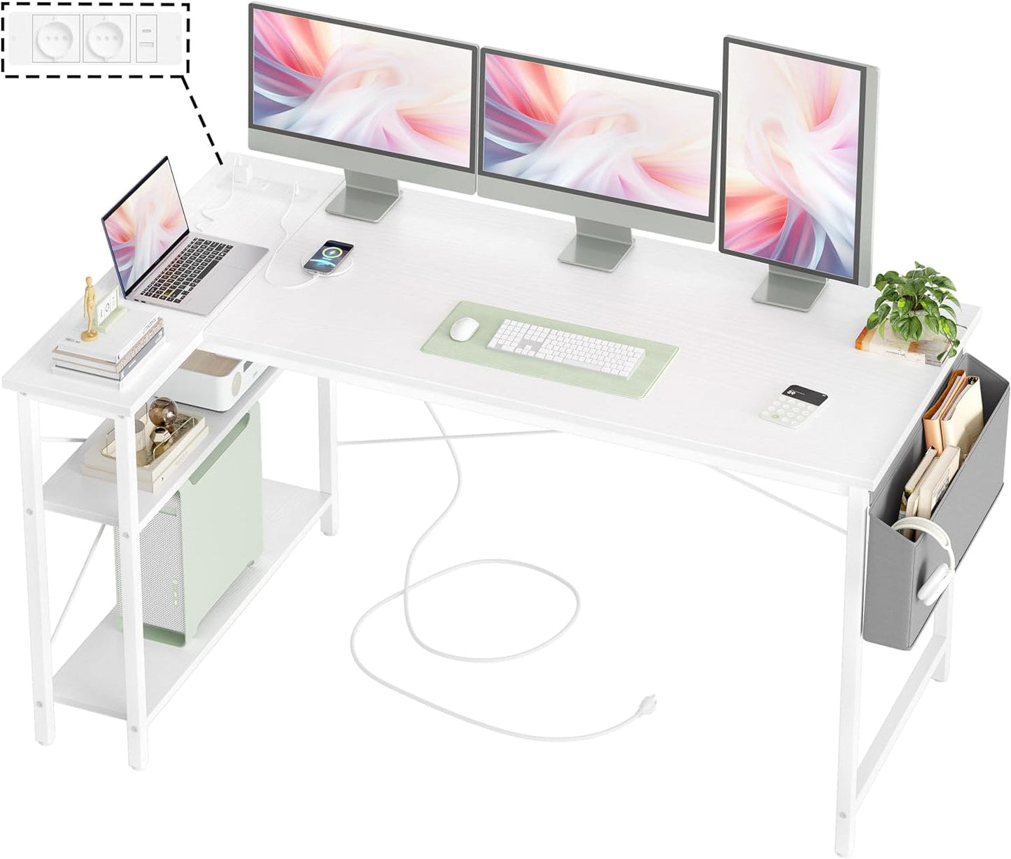L-vormig bureau – hoekbureau – gametafel – computerbureau – werkplek bureau – wit – 140 x 70 cm – ingebouwde USB- en Type-C-poorten – stevige stalen X-frame