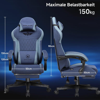 GTPLAYER Gaming Chair, Ergonomic Gamer Chair Made of Faux Leather Fabric with Lumbar Support, PC Chair with Widened Backrest, Maximum Load 150 kg, Dark Blue - QUORE