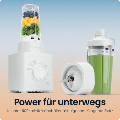 Chefman Obliterator 1,2 l blender voor smoothies, 1350 W motor voor het malen van ijs, noten en bevroren vruchten met roestvrijstalen lemmet, Auto Blend functie, incl. 600ml reiscontainer - betongrijs