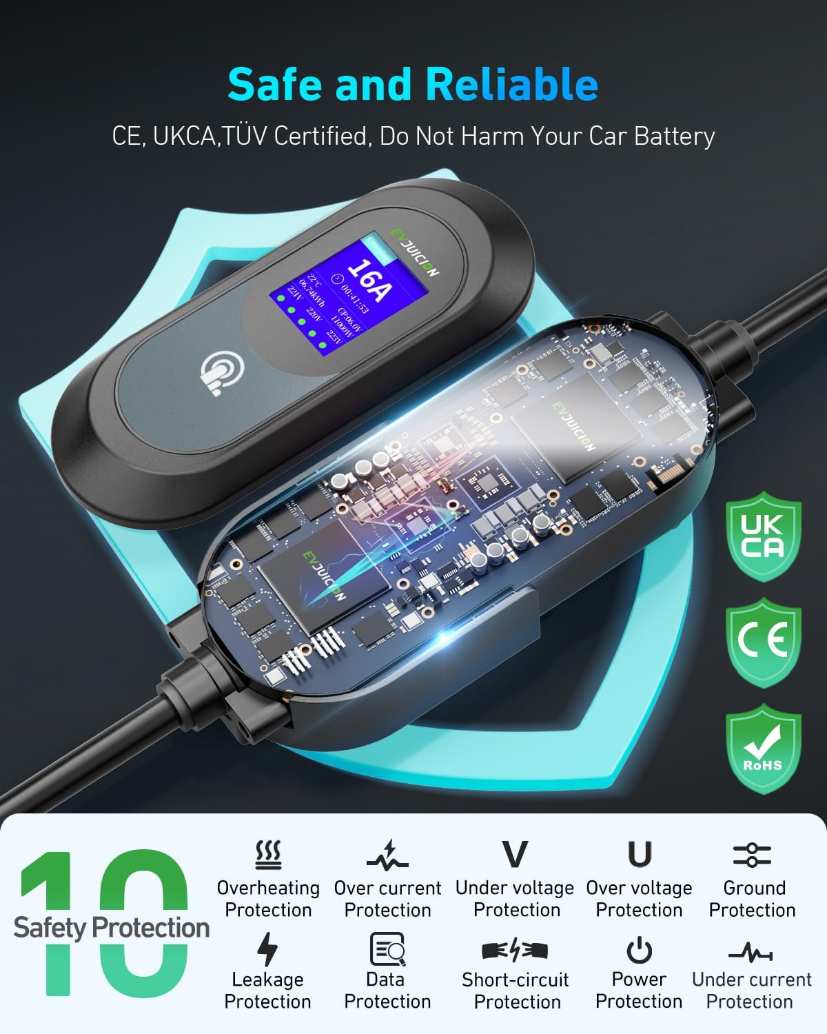 Evjuicion Elektrische autolader 11 kW CEE driefasig 6 A-16 A EV-lader type 2 met muurbeugel, digitaal display, instelbare laadtijd [0-12 uur] Draagbaarheid 6 m oplaadkabel type 2 met tas