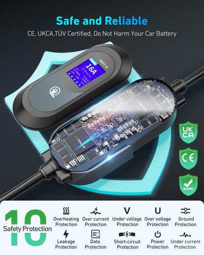 Evjuicion Elektrische autolader 11 kW CEE driefasig 6 A-16 A EV-lader type 2 met muurbeugel, digitaal display, instelbare laadtijd [0-12 uur] Draagbaarheid 6 m oplaadkabel type 2 met tas