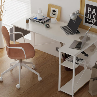 L-vormig bureau – hoekbureau – gametafel – computerbureau – werkplek bureau – wit – 140 x 70 cm – ingebouwde USB- en Type-C-poorten – stevige stalen X-frame