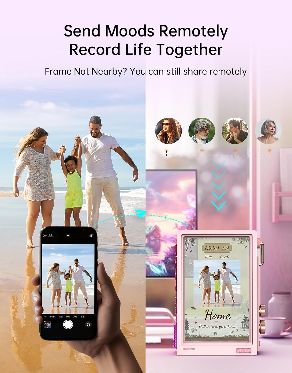 Divoom Times Frame Transparante digitale fotolijst (10,1 inch) met wifi en 64 GB, IPS-display met zwevend effect en RGB-draaiknop, 400+ wijzerplaten, widgets en pixel-art community (roze)