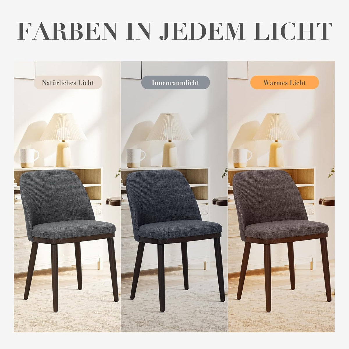 COLAMY Set van 4 gestoffeerde eetkamerstoelen, moderne keukenstoelen met rugleuning, stoffen stoel met houten poten voor eetkamer, keuken, restaurant, lichtgrijs