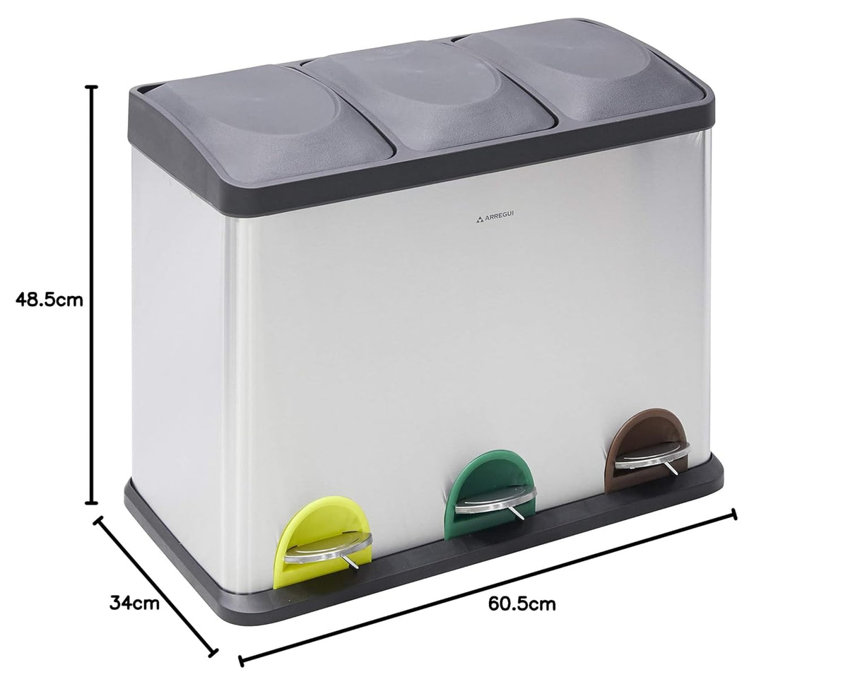 ARREGUI Step Bin CR705-45L Stalen Afval- en Recyclingbak met Pedaal | 3x15L (45L) | Keukenafvalbakken | Recycleeremmer voor Huis en Kantoor