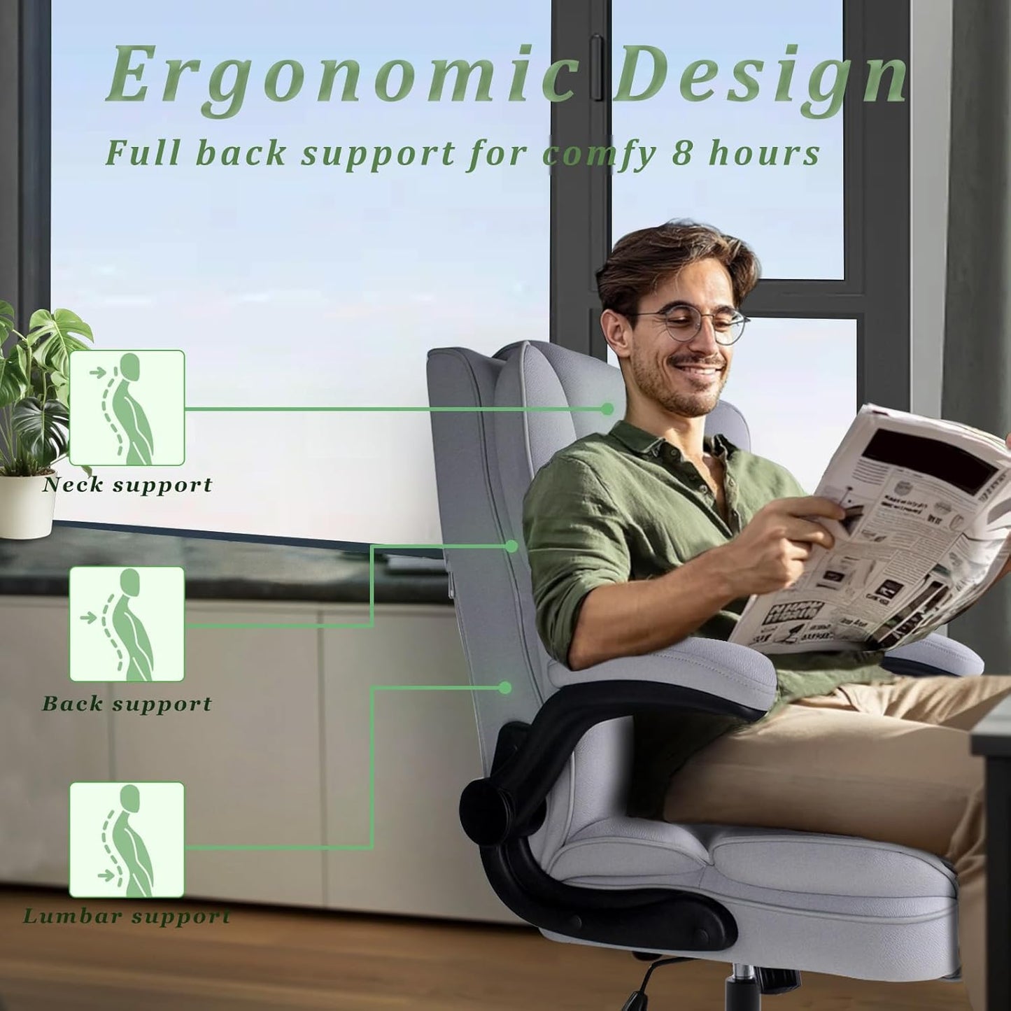 Bureaustoel – Office Chair – Werkstoel – Gaming Stoel – Bureau Stoel – Hoge Rugleuning – Gevoerde Zitting – Opklapbare Armleuningen – 200kg Draagvermogen – Ergonomisch Design